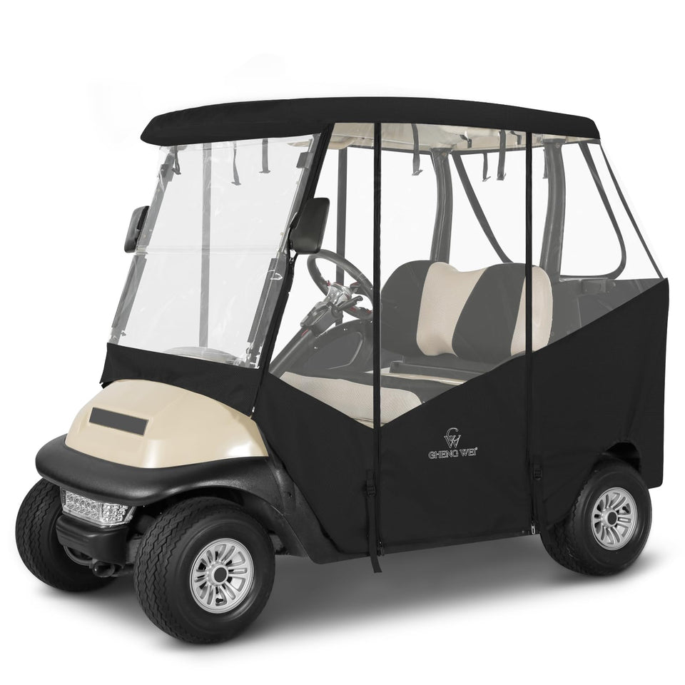 CHENGWEI golf cart enclosure front view with clear PVC windows for rain visibility.