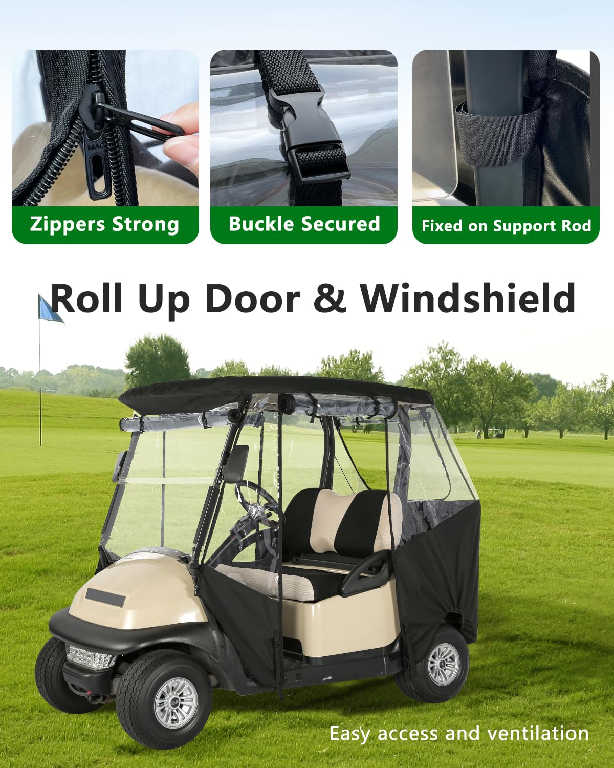 CHENGWEI golf cart enclosure rear window maintains tail light visibility.