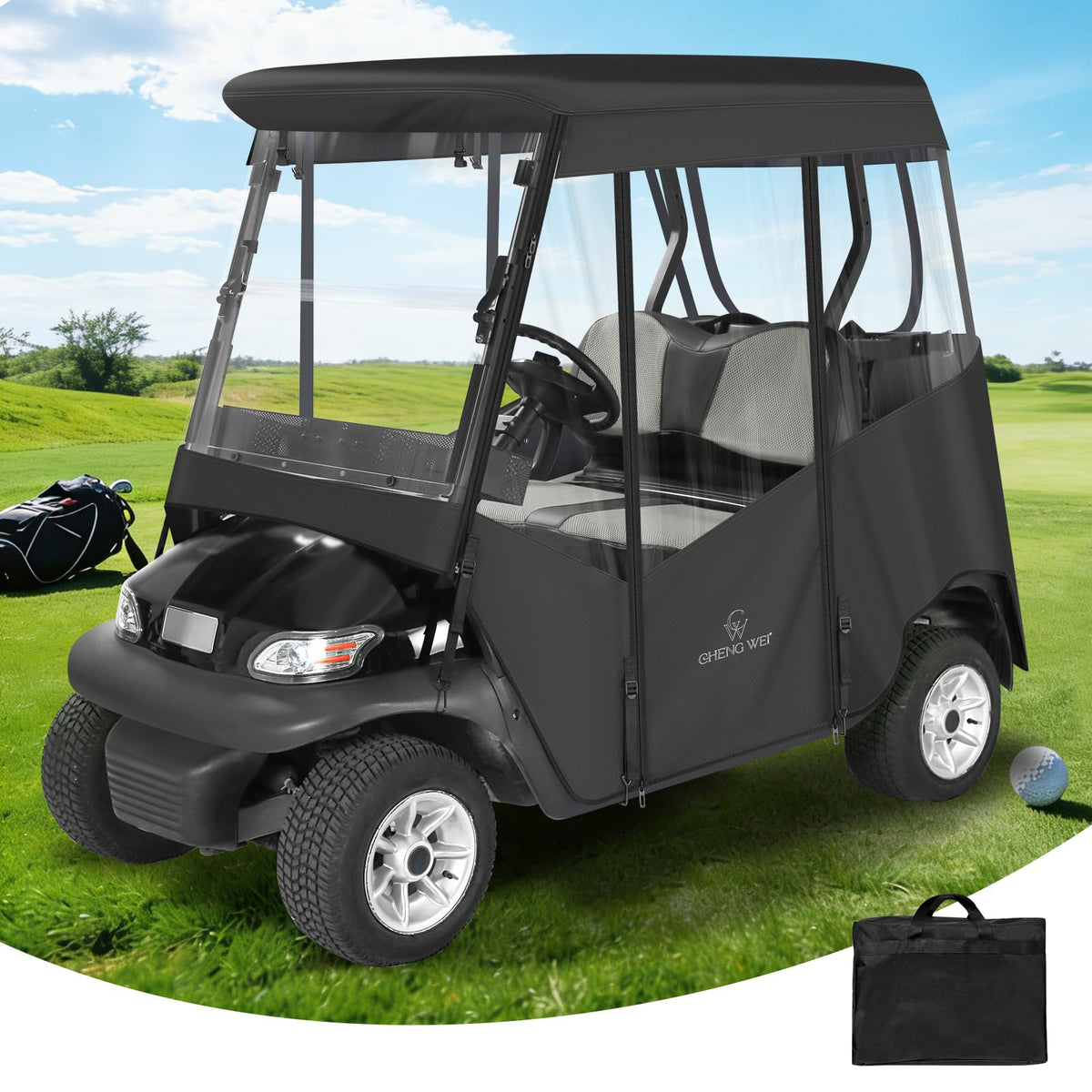 CHENGWEI 2-seat golf cart enclosure front view with panoramic window for all-weather visibility