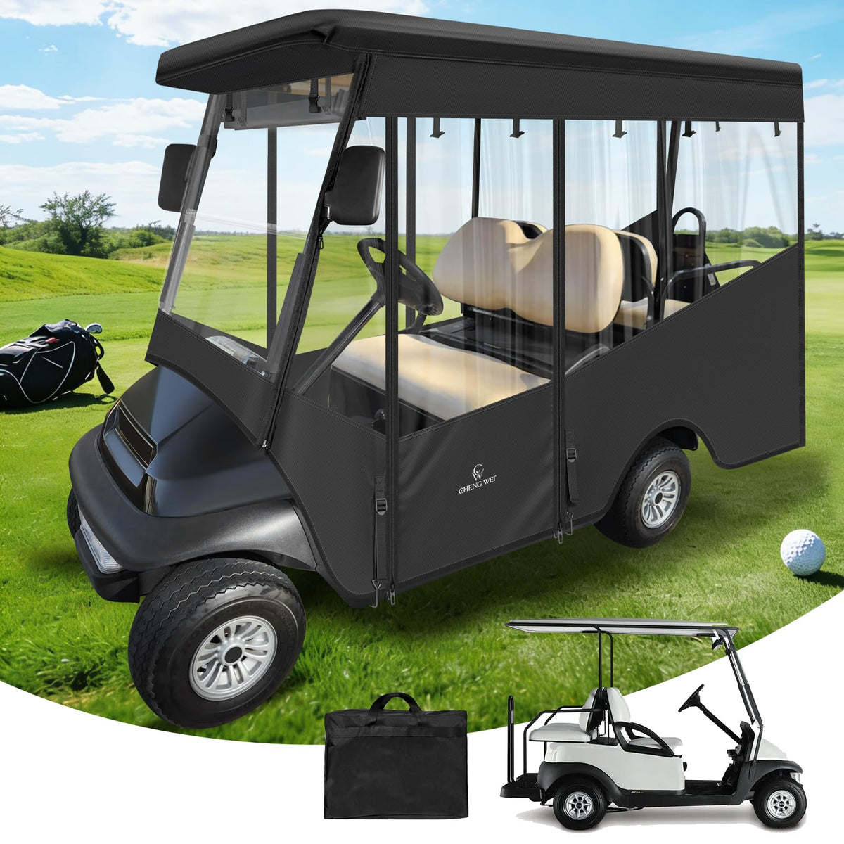 CHENGWEI golf cart enclosure for 4 passengers with long roof protects against rain and wind.