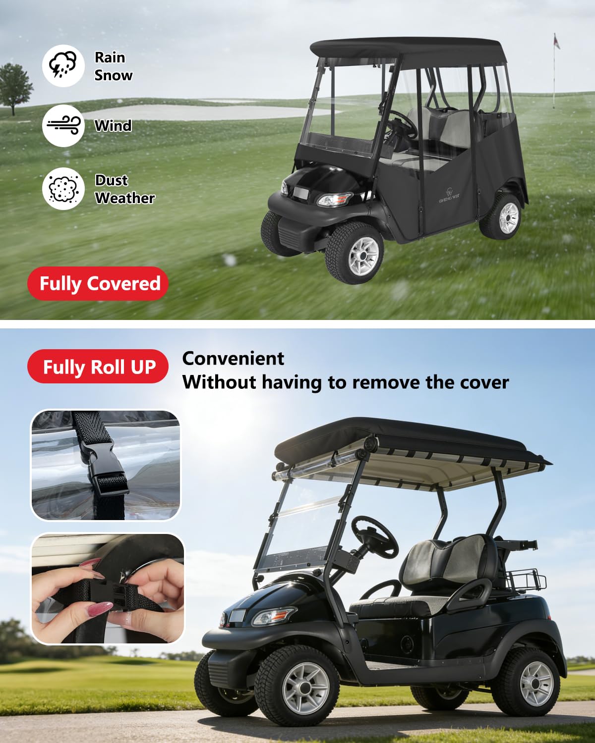 CHENGWEI 4-sided roll-up enclosure demonstrated on a golf cart in sunny weather