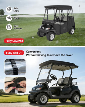 CHENGWEI 4-sided roll-up enclosure demonstrated on a golf cart in sunny weather