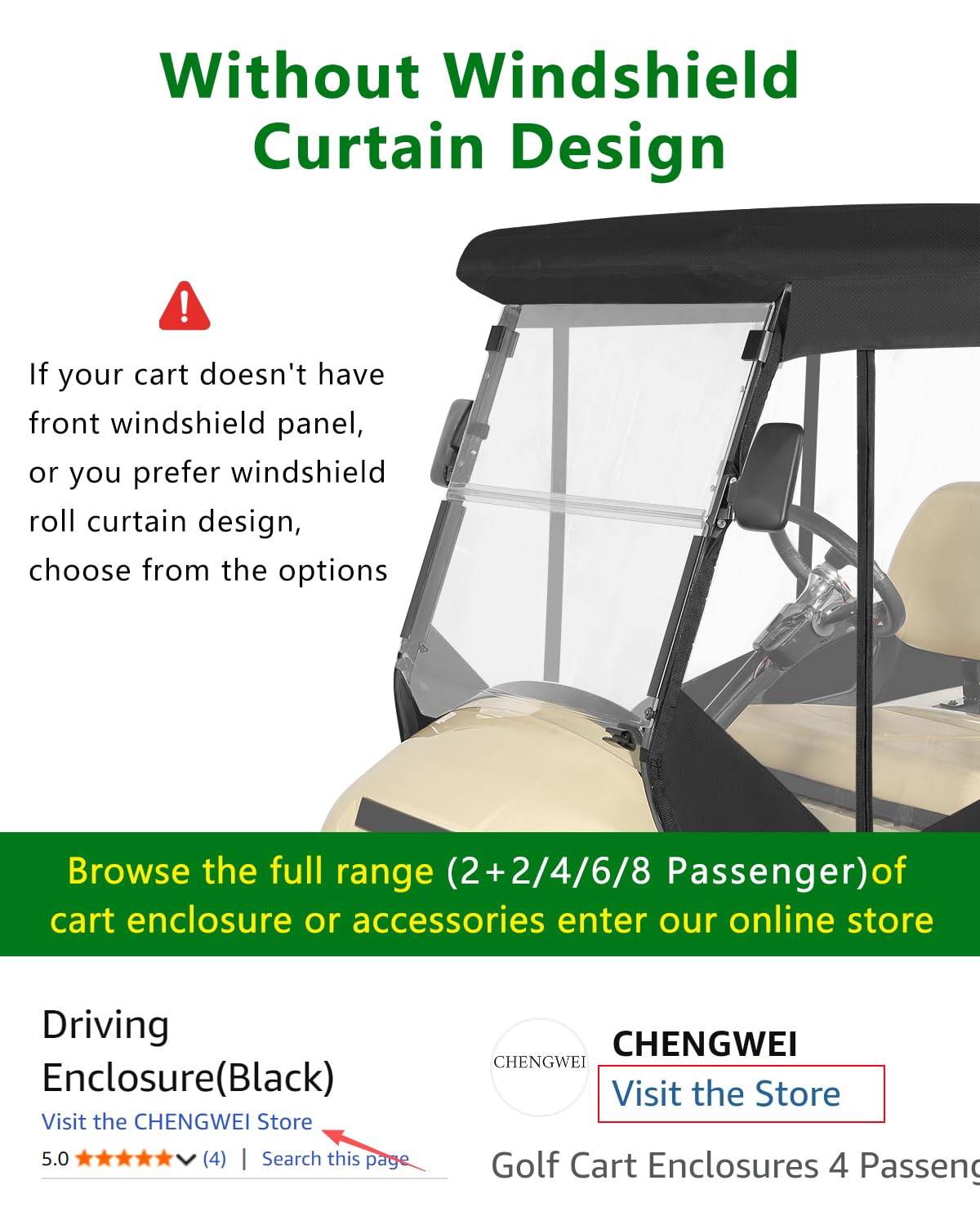 CHENGWEI front installation with windshield compatibility note emphasizes compatibility with Club Car Precedent