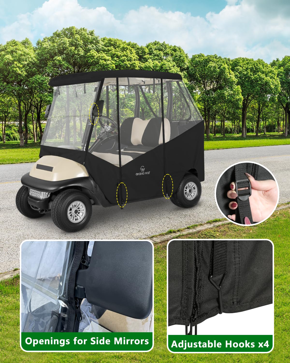 CHENGWEI golf cart enclosure clear PVC windows provide weather-resistant viewing.