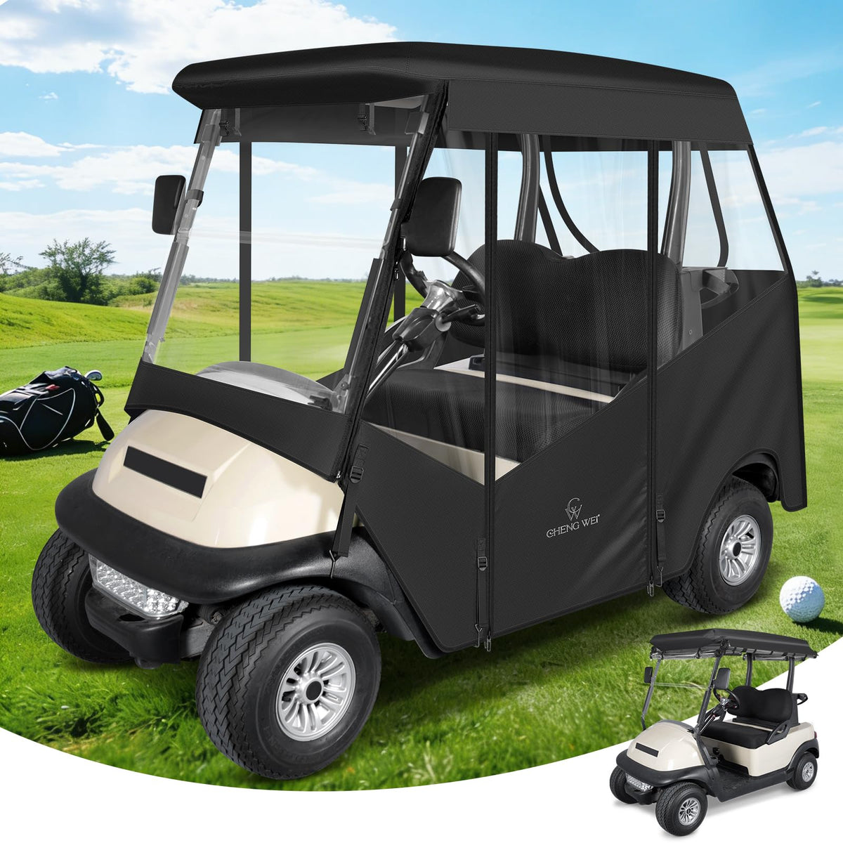 CHENGWEI golf cart enclosure for Club Car Precedent, front view, weather protection and visibility.