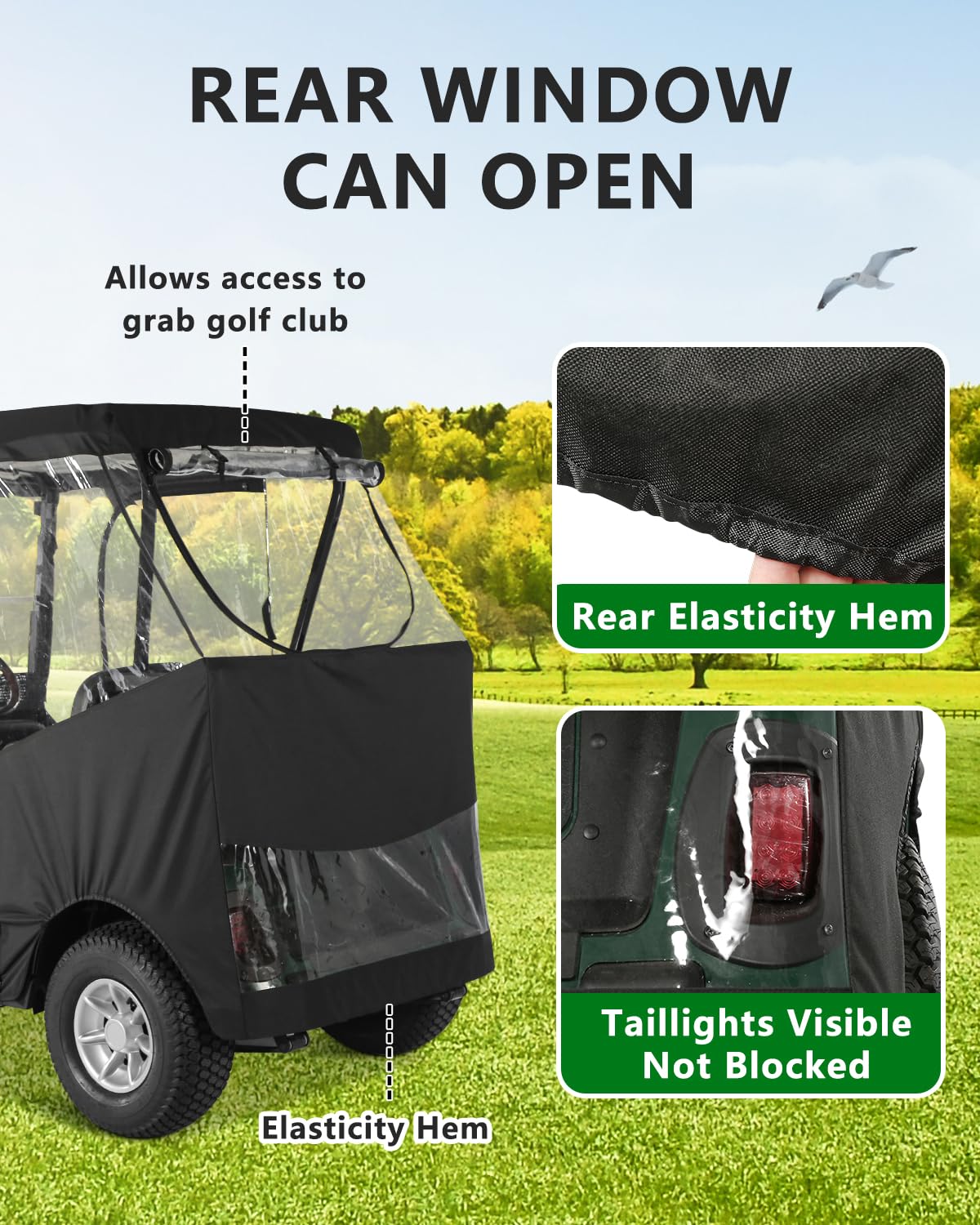 CHENGWEI EZGO TXT clear PVC windows provide unobstructed view in rain.