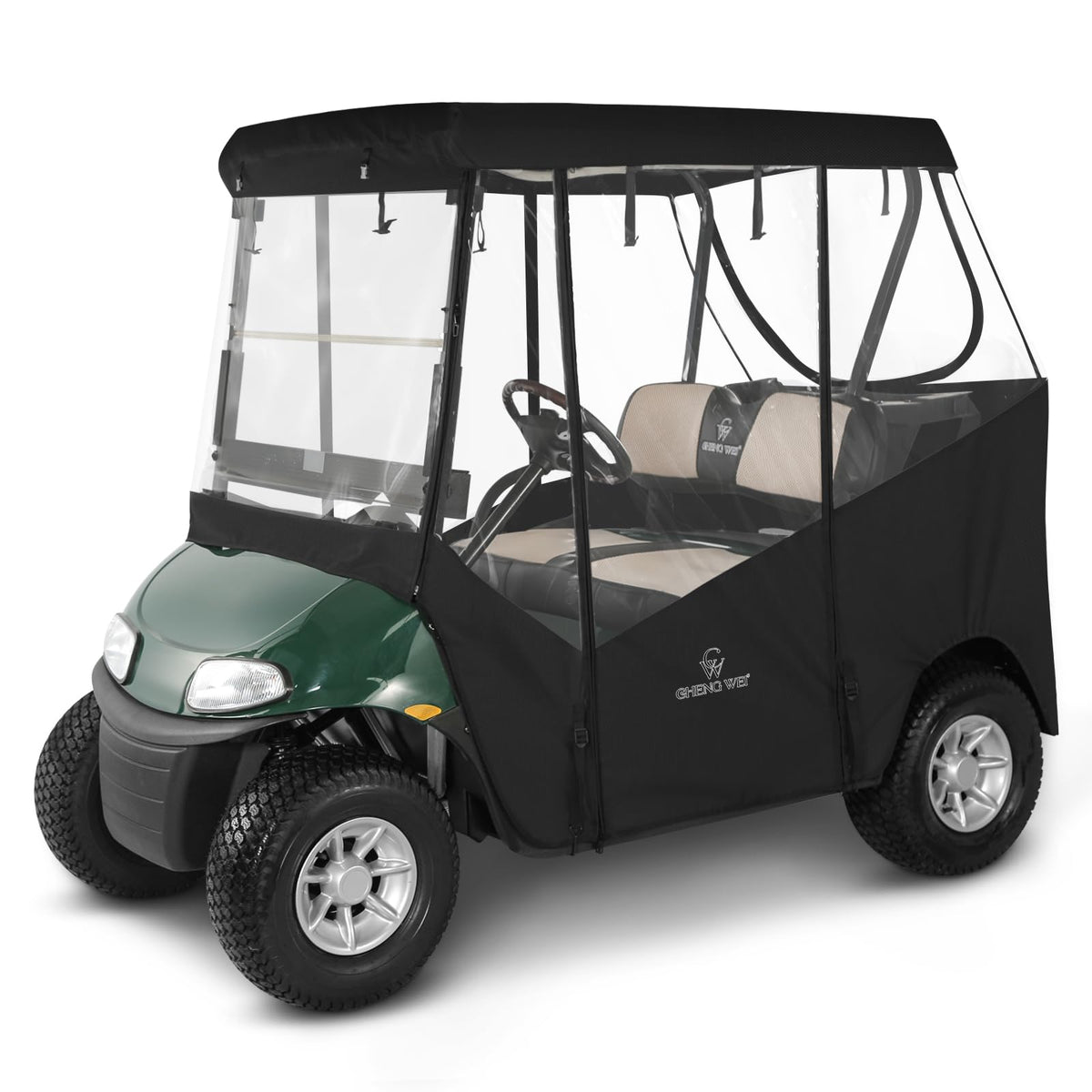 CHENGWEI EZGO TXT enclosure front view shows clear PVC windows for all-weather visibility.