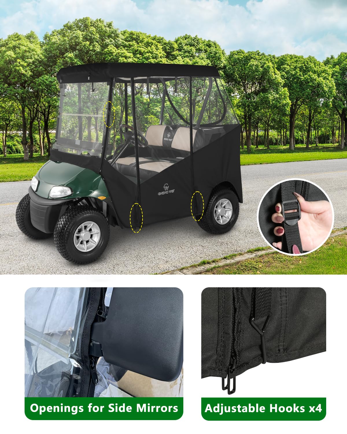 CHENGWEI EZGO TXT front-windshield zipper frees mirror space.