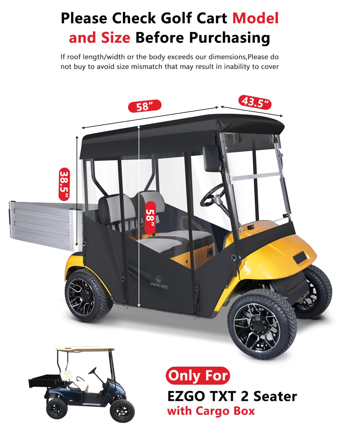 CHENGWEI golf cart enclosure side view showing roll-up practicality.