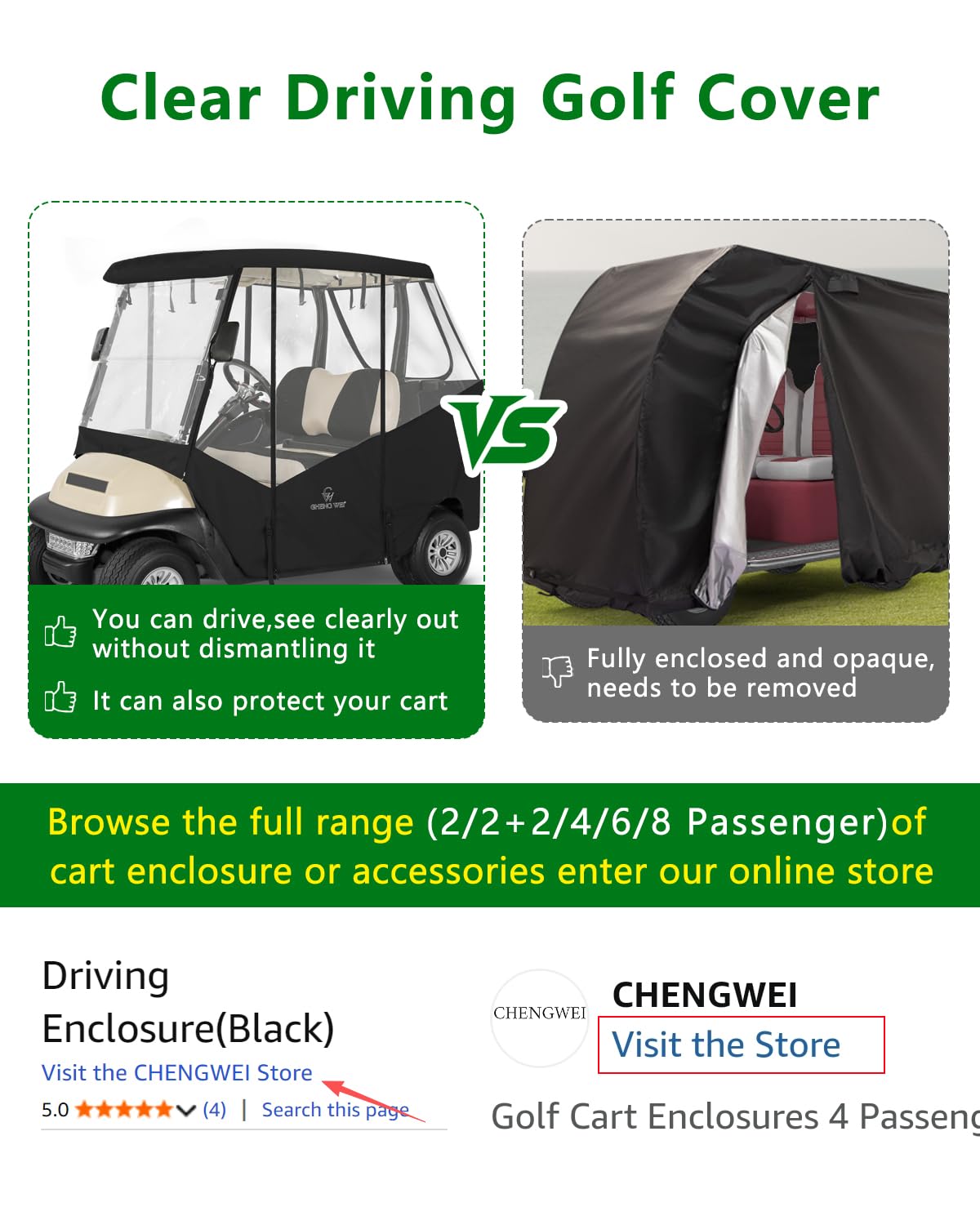 CHENGWEI golf cart enclosure fits Club Car Precedent Tempo Onward 2-seat models.