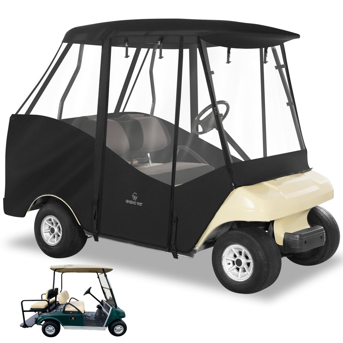 CHENGWEI golf cart enclosure front view with clear PVC windows for all-weather visibility.