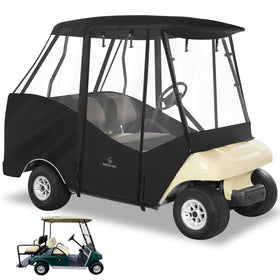 CHENGWEI golf cart enclosure front view with clear PVC windows for all-weather visibility.