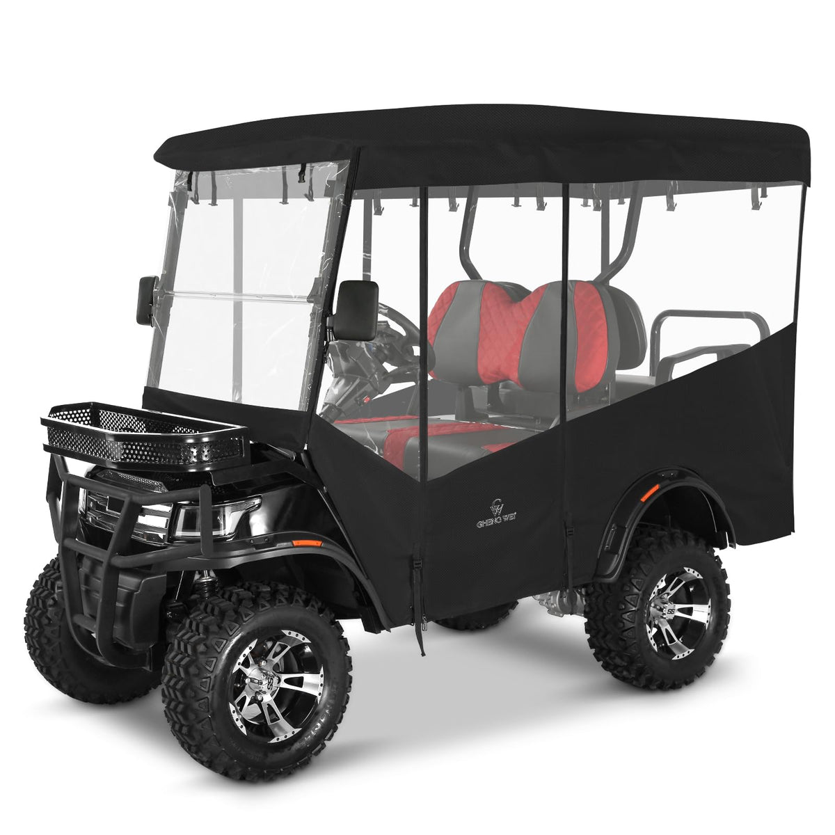 CHENGWEI golf cart enclosure front view with extended roof and clear rain window for all weather driving