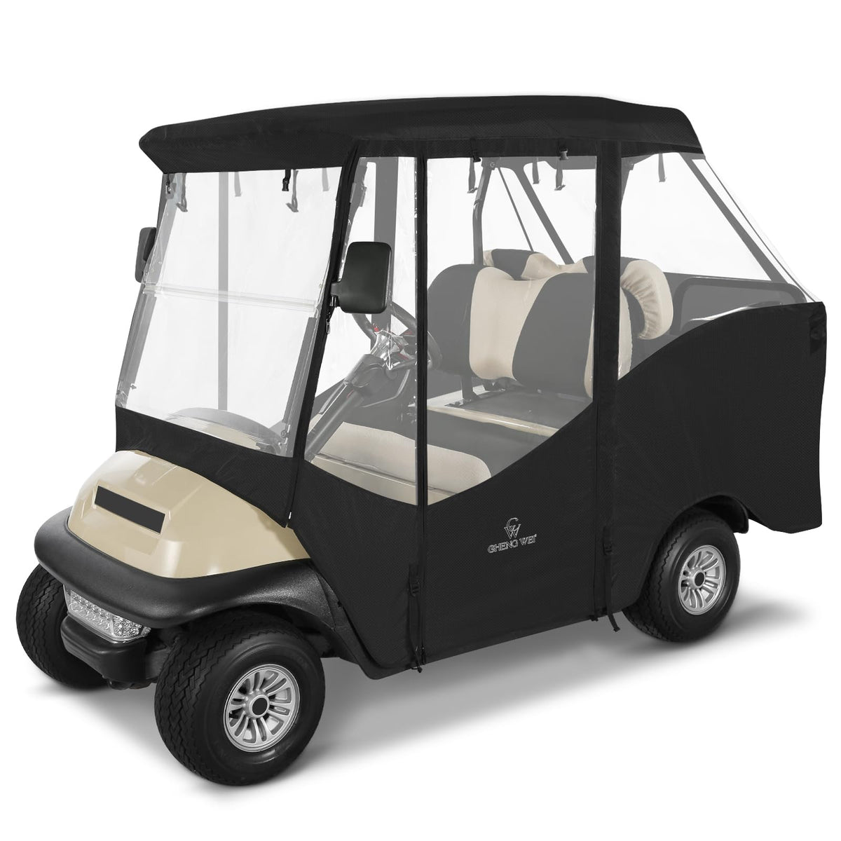 CHENGWEI golf cart enclosure front view with clear windows for all-weather visibility.