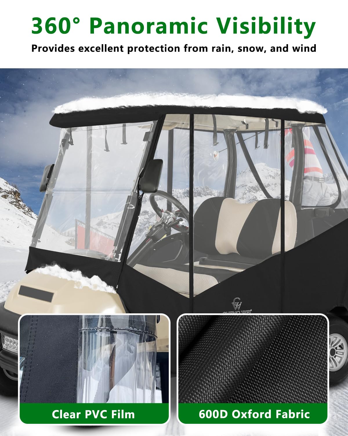 CHENGWEI oxford fabric on golf cart enclosure offers waterproofing and UV protection.