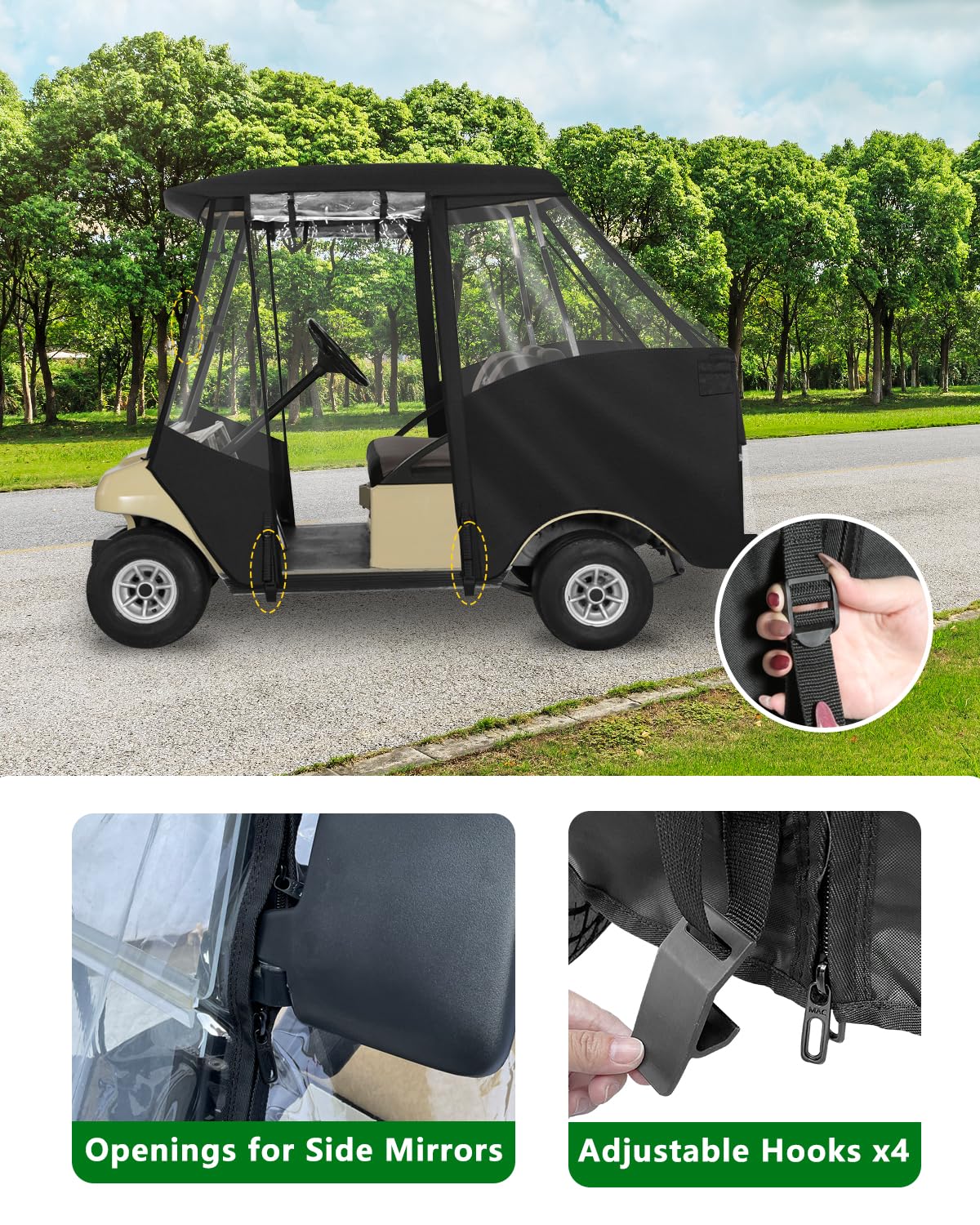 CHENGWEI golf cart enclosure rear view shows visible tail lights for safety.
