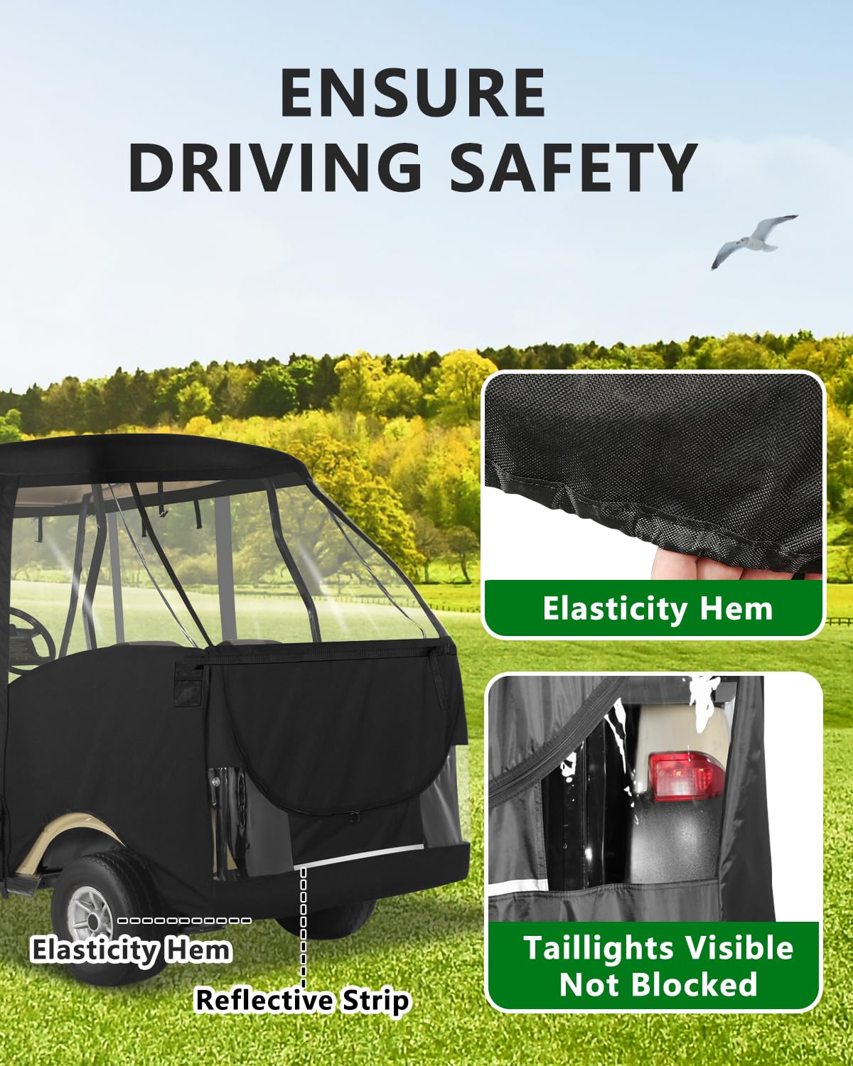 CHENGWEI golf cart enclosure rear view shows reflective strips for safety.