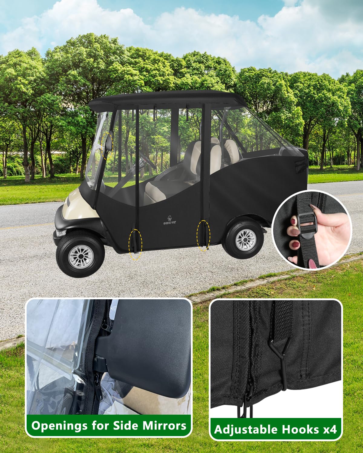 CHENGWEI golf cart enclosure rolled-up windows save quick access.