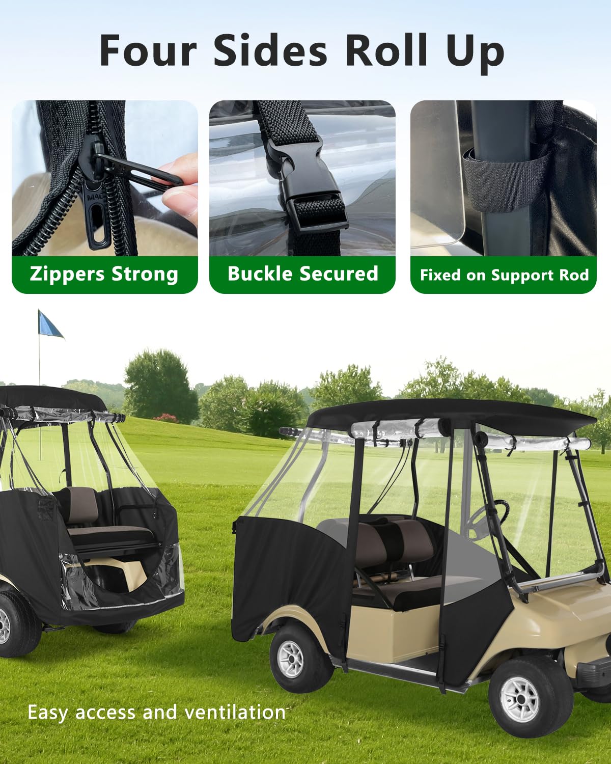 CHENGWEI golf cart enclosure side doors demonstrate easy entry with high-quality zippers.