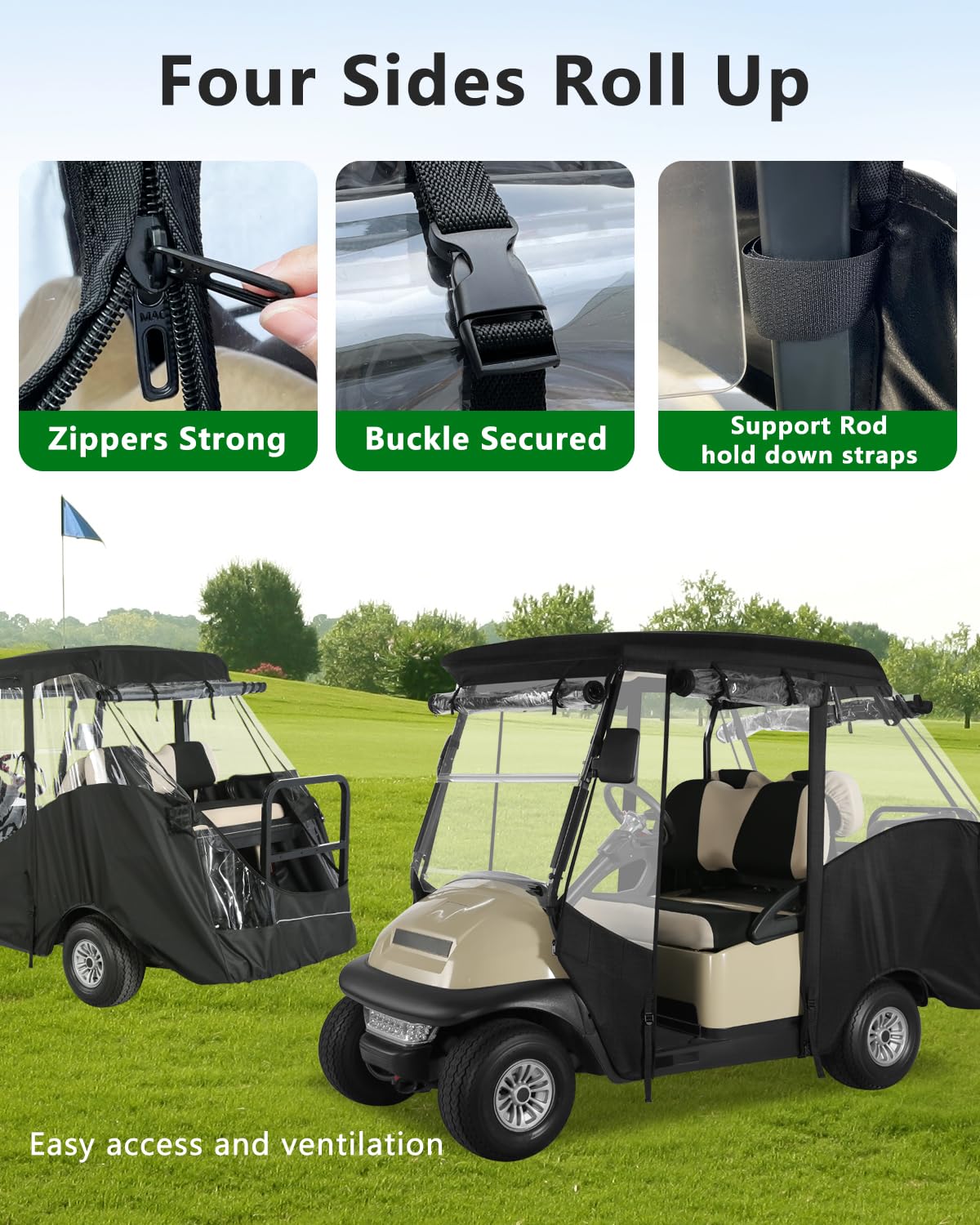 CHENGWEI golf cart enclosure side view right demonstrates roll-up door flexibility.