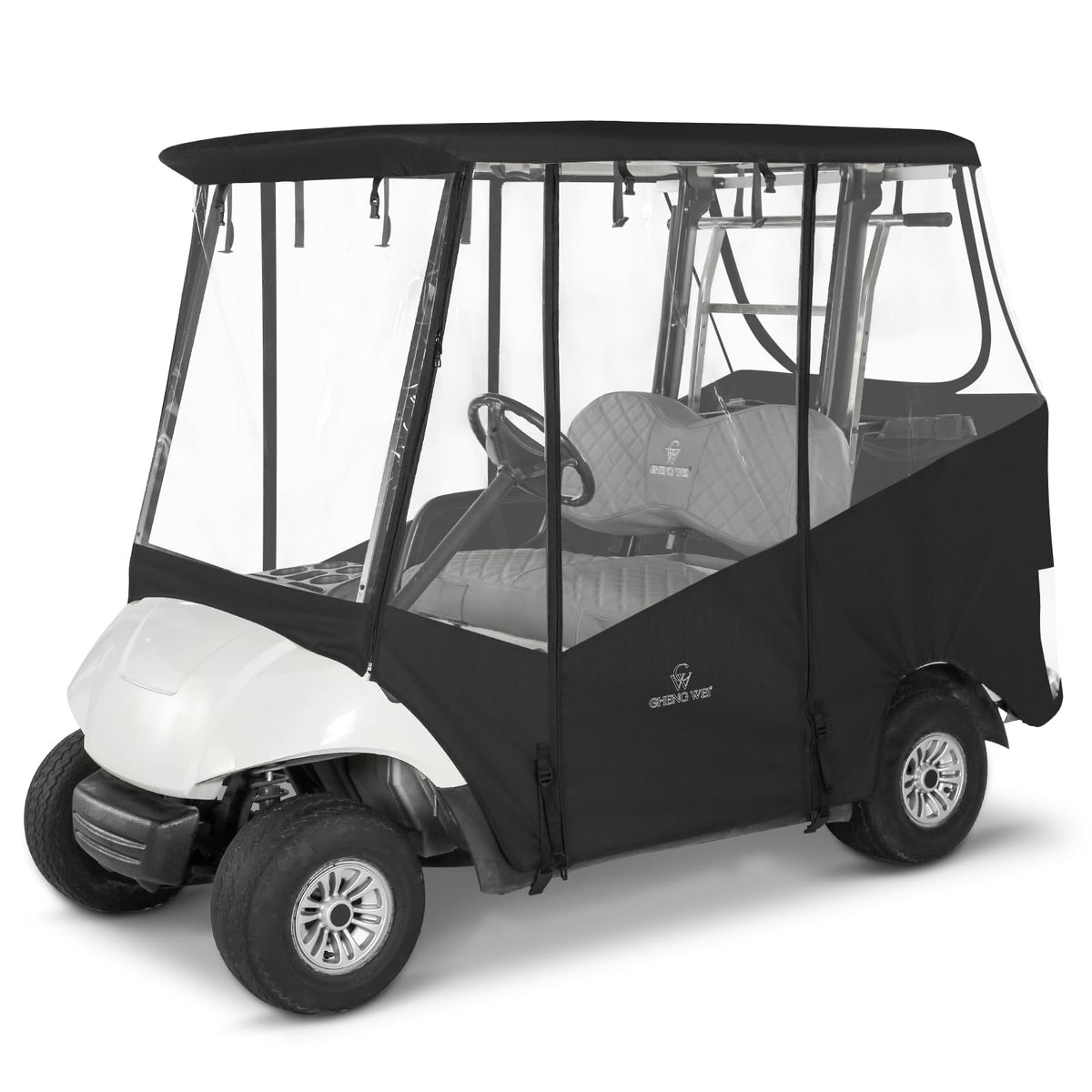 CHENGWEI golf cart rain cover for 2-passenger front view protects against rain and wind.