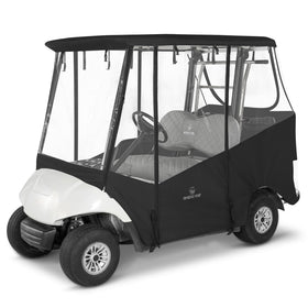 CHENGWEI golf cart rain cover for 2-passenger front view protects against rain and wind.