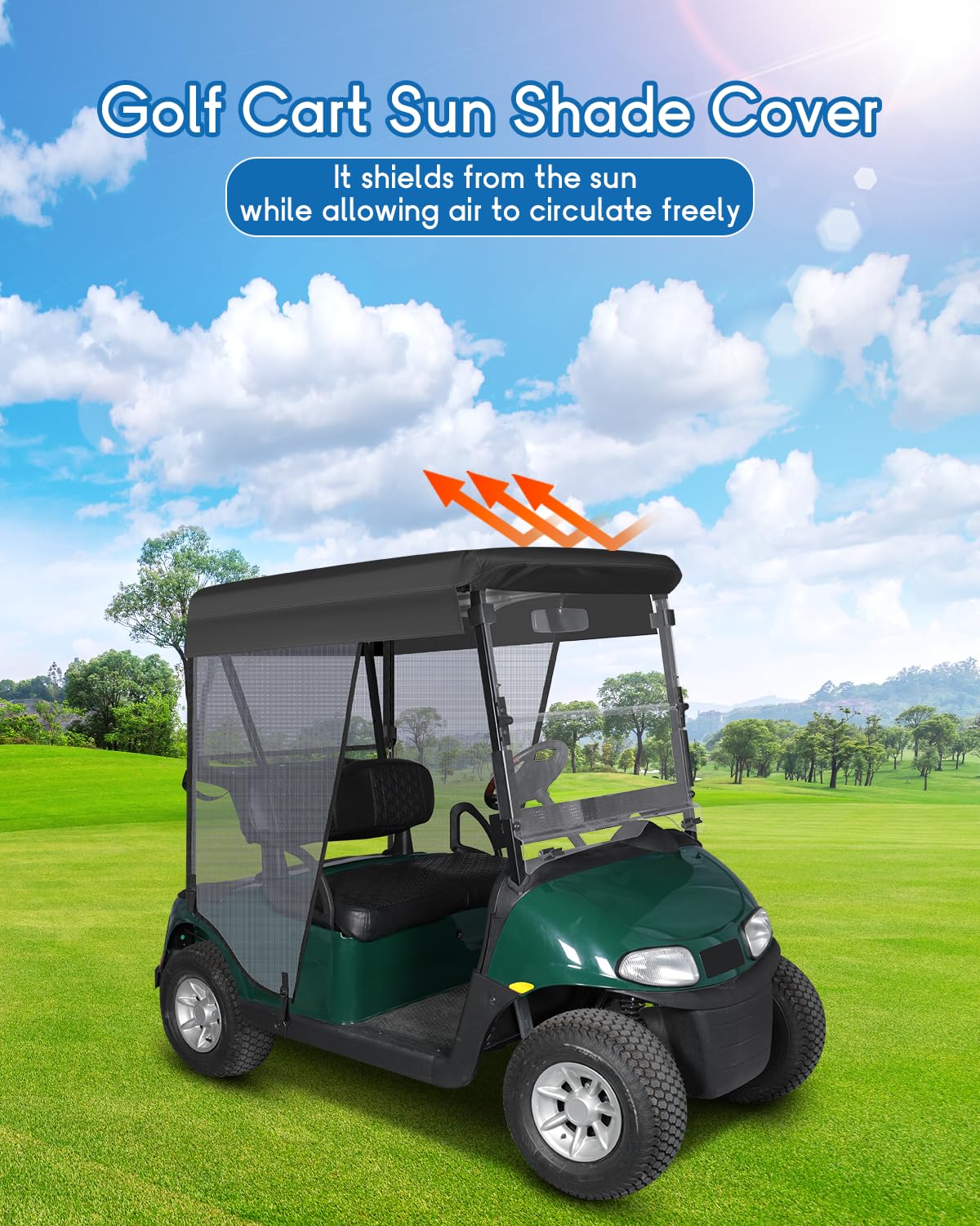 CHENGWEI golf cart shade with 3-side roll-up design for quick access.