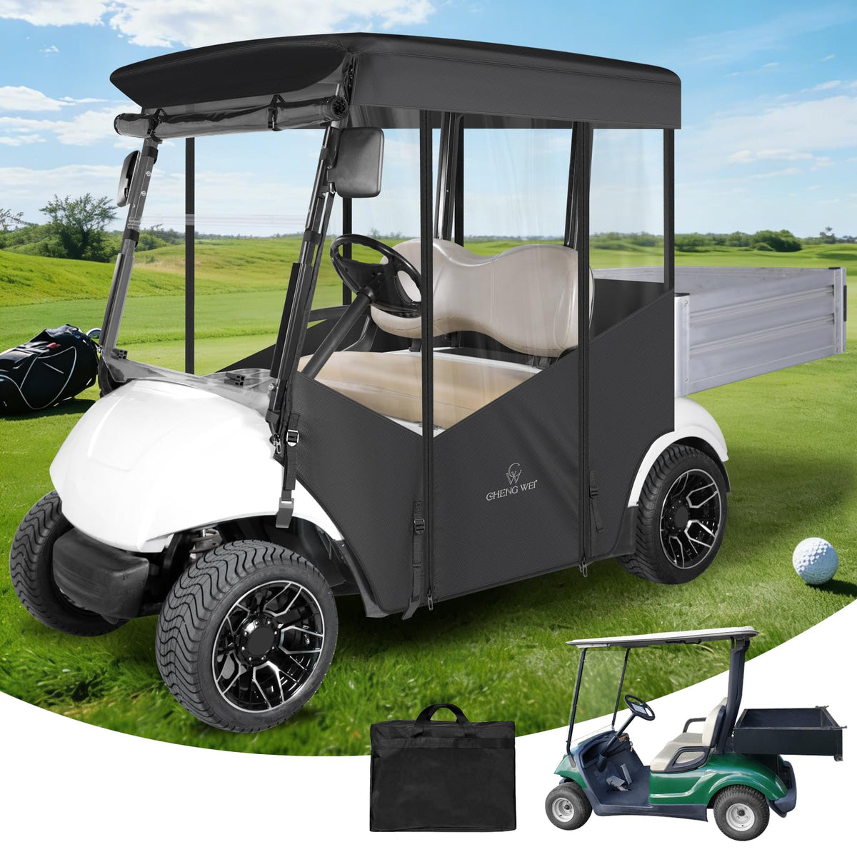 CHENGWEI two-passenger golf cart enclosure protects Yamaha Drive2 G29 with cargo box in rain.