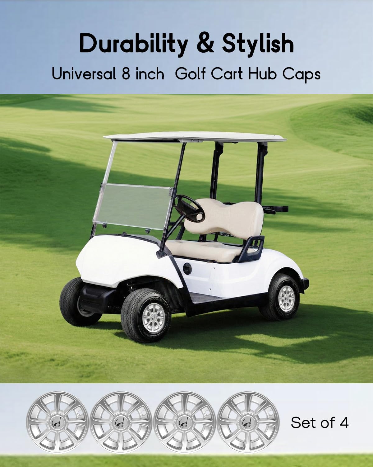 CHENGWEI hub cap with minimalist chrome enhances golf cart aesthetics and protection