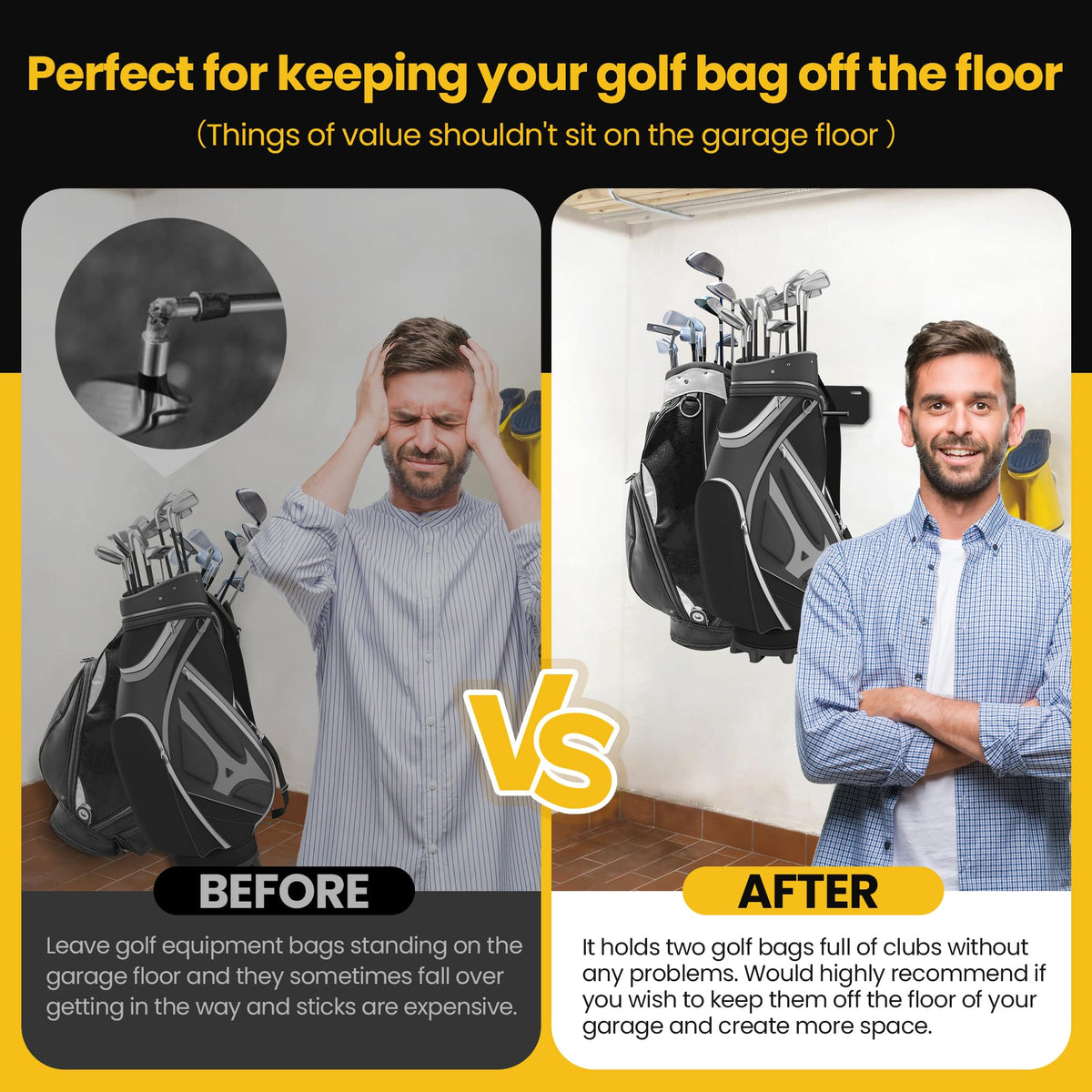 Chenteel golf bag rack aligned with 16-inch studs for easy installation.