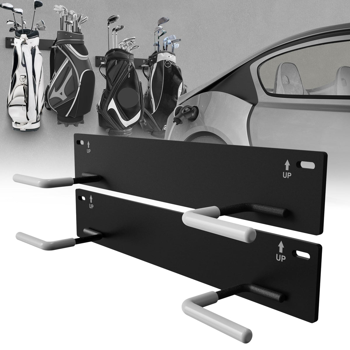 Chenteel golf bag wall mount keeps bags off floor in the garage for easy access.