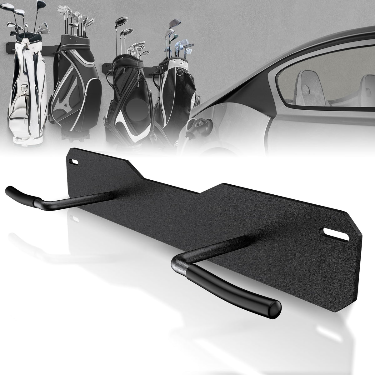 Chenteel golf bag wall mount on garage wall keeps bags off floor and saves space.