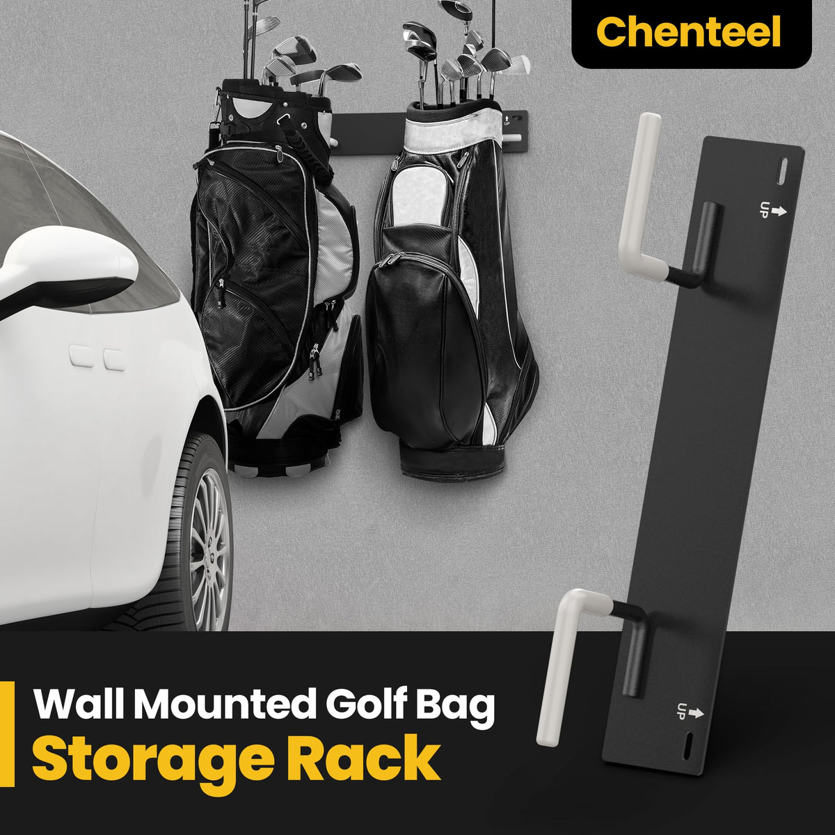 Chenteel golf club storage rack with rubber grips protects straps over time.