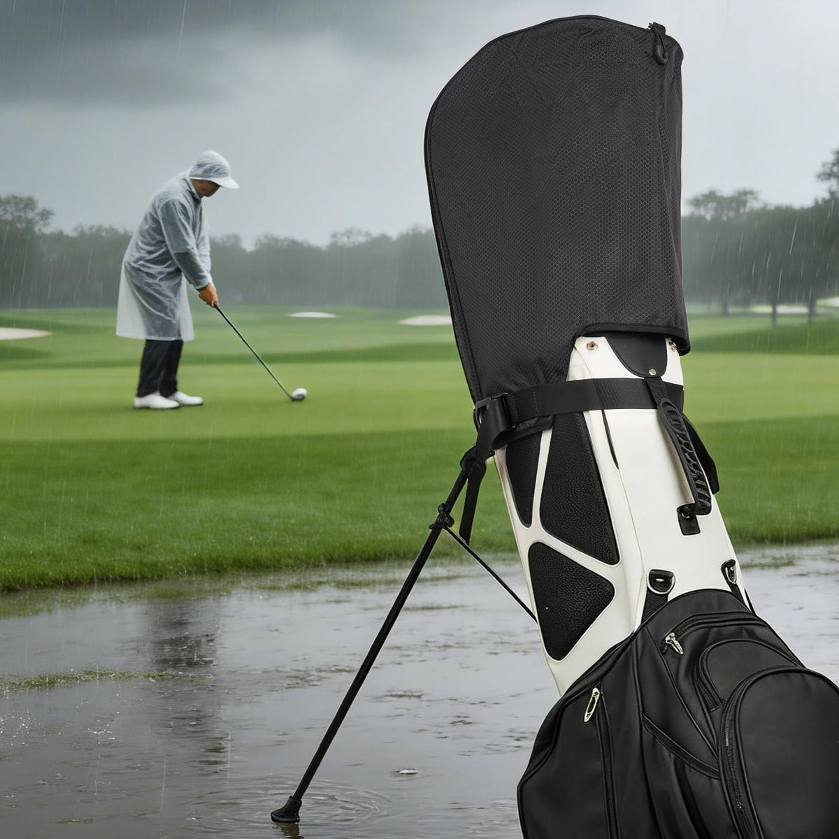 ChmpDrp rain cover in use on stand or cart bag during rain