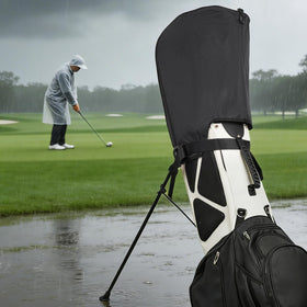 ChmpDrp rain cover in use on stand or cart bag during rain