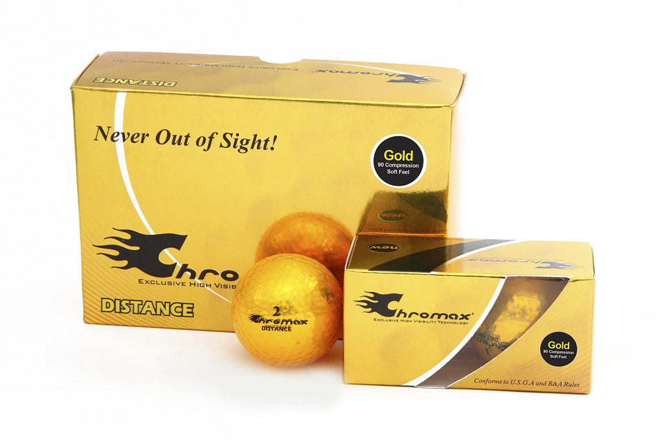 Chromax high-visibility gold golf ball for improved on-course tracking in all light.