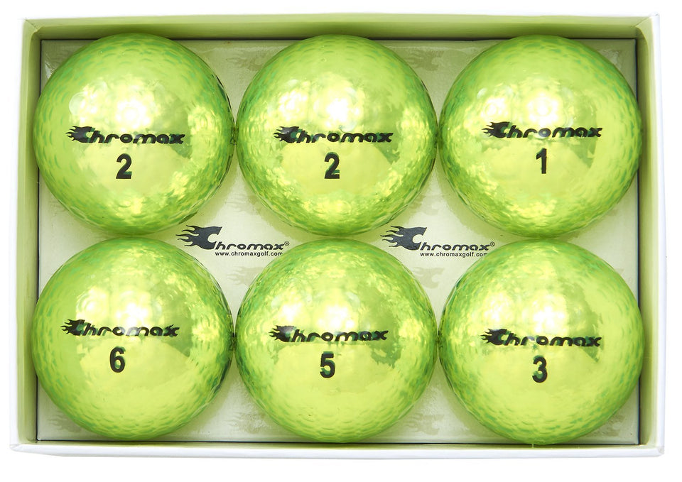 Chromax M5 green metallic ball in flight enhances visibility for tracking on the course.