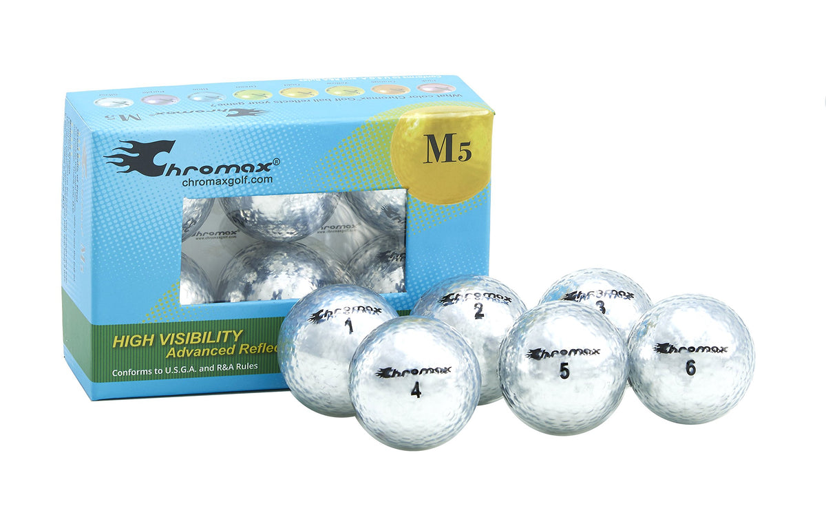 Chromax M5 metallic golf ball in silver with high visibility for easy tracking.