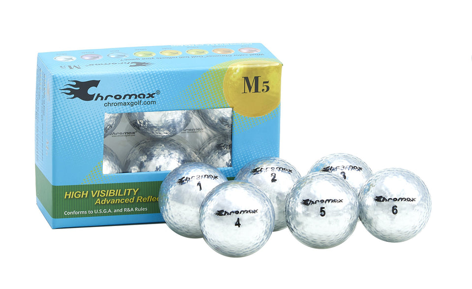 Chromax M5 metallic golf ball in silver with high visibility for easy tracking.