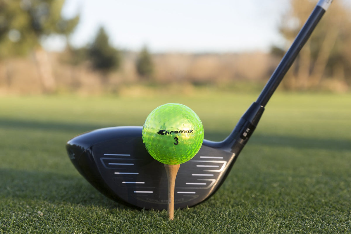 Chromax M5 neon yellow ball on fairway improves visibility in bright sun.