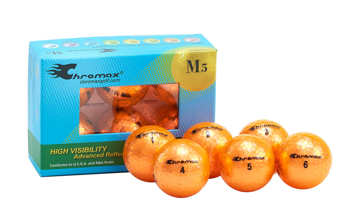 Chromax M5 orange golf ball enhances visibility for tracking and targeting greens.