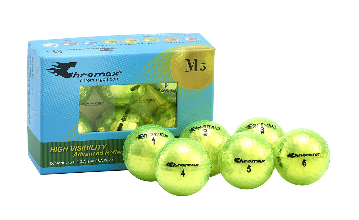 Chromax M5 silver ball close-up highlights durable coating and large dimples for control.