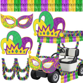 Cinrobiye mask panel enhances golf cart parade visuals with bold festival energy