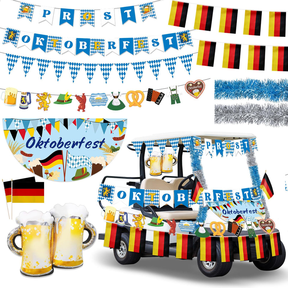 Cinrobiye Oktoberfest pennant banner flags add Bavarian flair to golf cart decor.