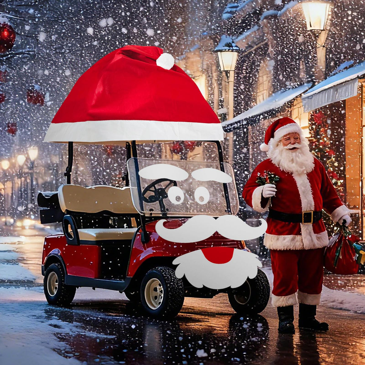 Cinrobiye giant Santa hat on car boosts festive street appeal.