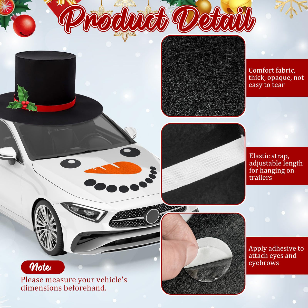 Cinrobiye snowman nose on car adds playful character for holiday photos.