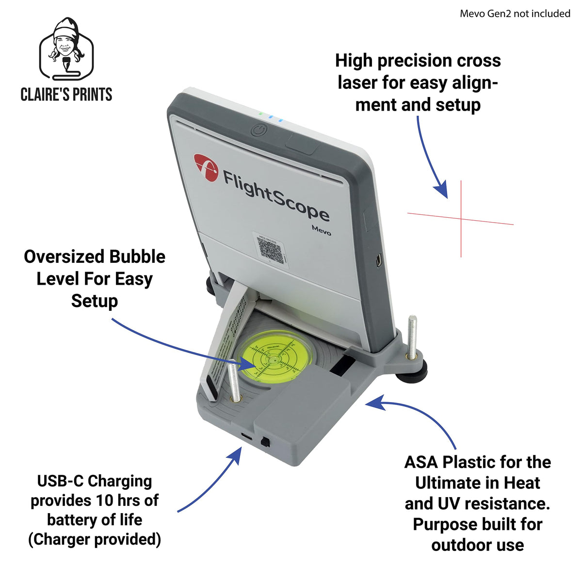 Claire's Prints Mevo Gen 2 leveling base provides stable setup on mats and turf.
