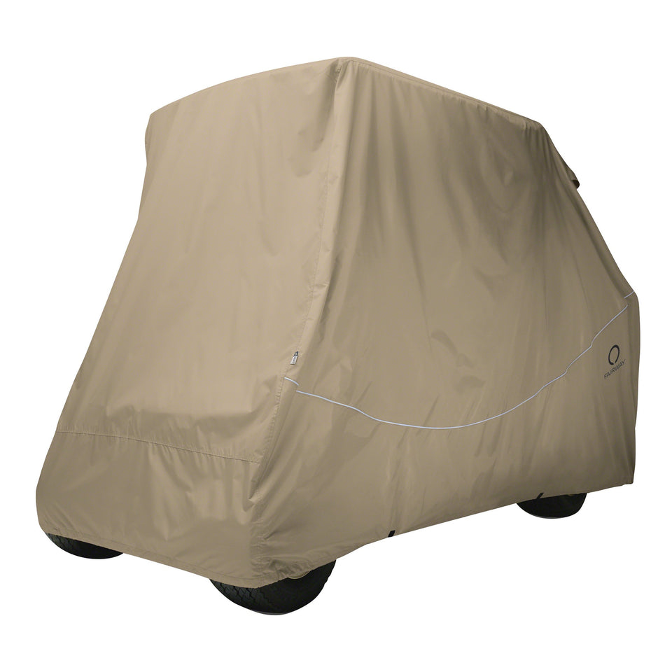 Classic Accessories Fairway Conversion Cart Cover front view protects carts from sun and rain.
