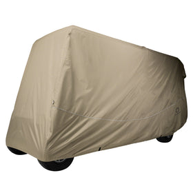 Classic Accessories Fairway cover front view protects a six-seat golf cart from sun and debris.