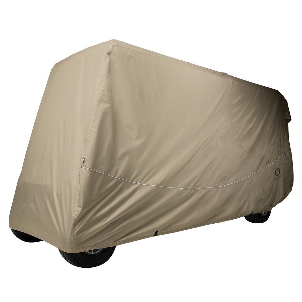 Classic Accessories Fairway cover front view protects a six-seat golf cart from sun and debris.